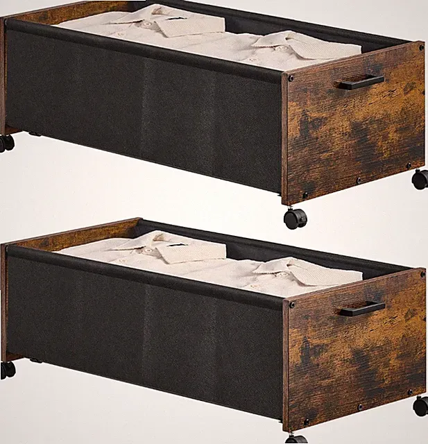 2 Under Bed Storage With Wheels, Underbed Drawers For Shoes, Size XXL, Wooden
