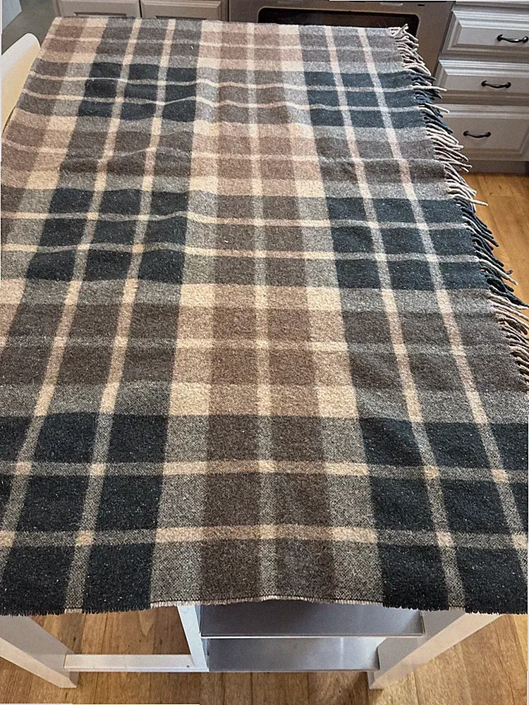 Alpaca Wool Blend Throw Blanket Plaid Green Brown Cream Fringed 62 in / 53 in