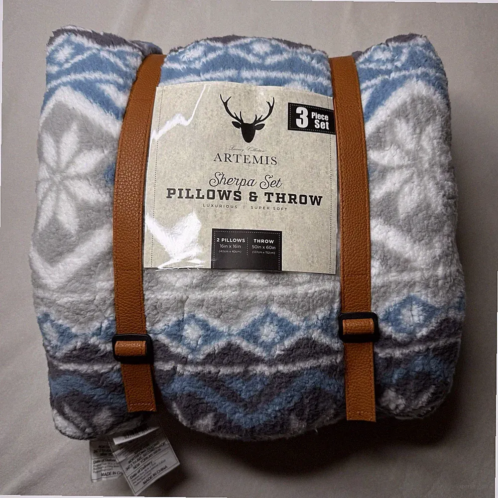 Artemis Full Sherpa Blanket With Pillows & Throw Set 3pc Set Gray Blue Full Size
