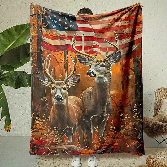Cozy All-Season Flannel Blanket with Majestic Deer & American Flag Design - Soft