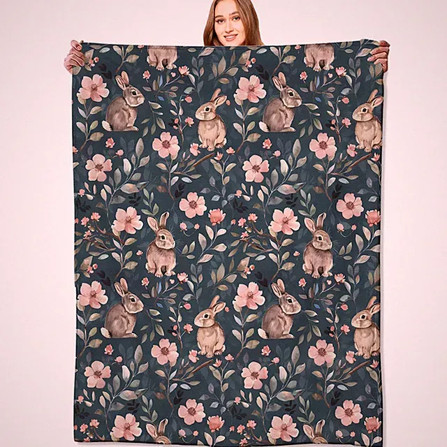 Cute Bunny Blanket Adorable Animal Rabbits and Floral Flower Throw BlanketsBi...