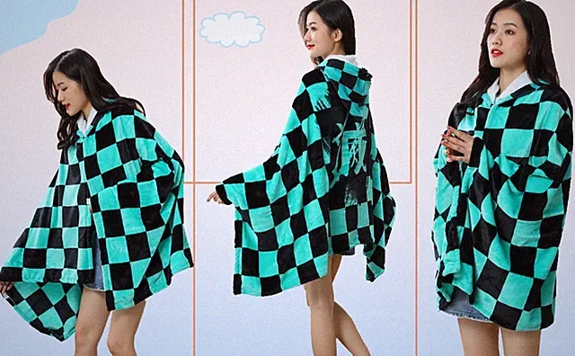 Demon Slayer Pattern Wearable Blanket Hoodie Throw Blanket 160x100 cm/63x40in