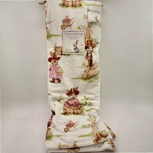 Hoppy Spring Western Bunny Rabbit Plush Throw Blanket Pink White Easter Cowboy