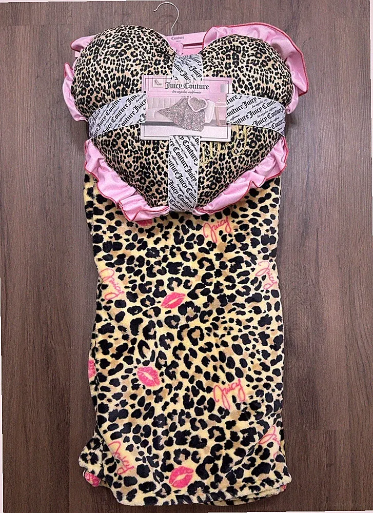 Juicy Couture 2 Pack Leopard/cheetah Plush Throw Blanket & Pillow Set