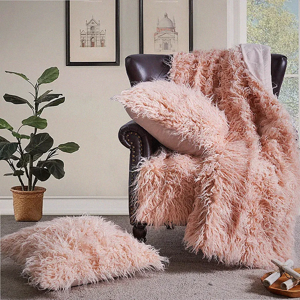 Mongolian Faux Fur Throw Blanket with 2 Pillow Covers – Super Soft & Cozy Set