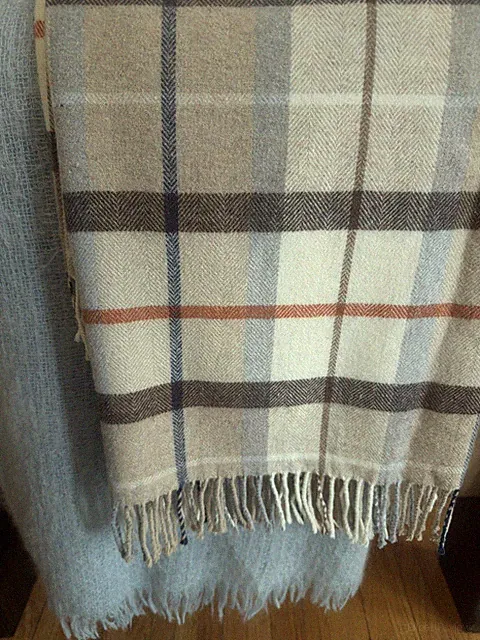 MT I1 Plaid Throw Blanket Wool Blend Italy 60x54 Fringe Gray White Check EUC