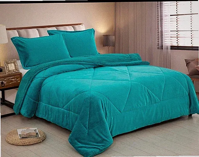 New Ultra Soft Queen Size Heavy 3pcs Borrego Sherpa Blanket Set ( Turquoise)(