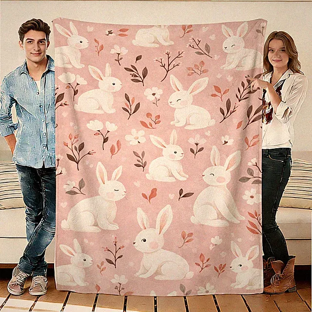 Rabbit and Floral Flannel Blanket Soft Cozy Tapestry Napping Travel Use