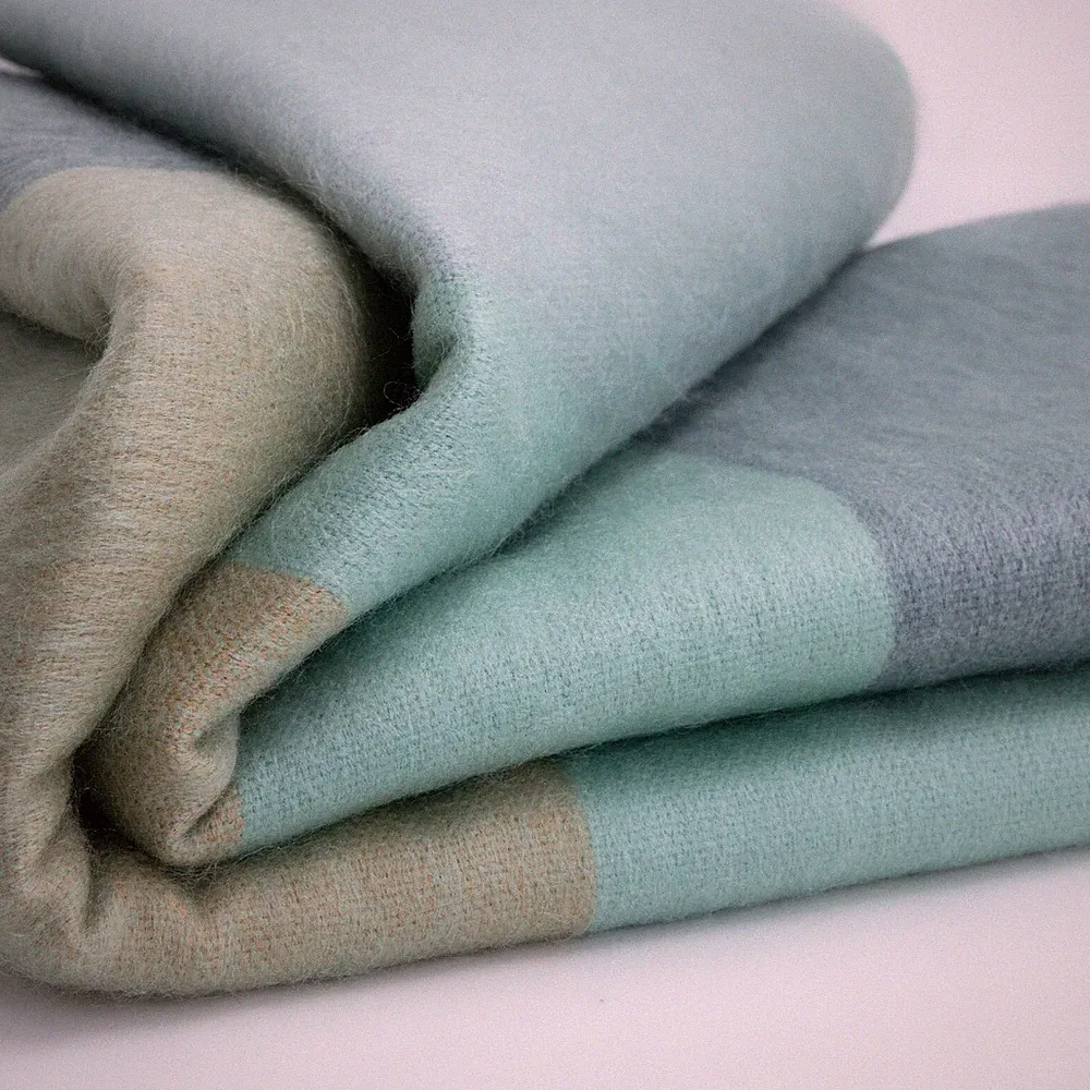 SERENE STRIPED ALPACA WOOL BLEND BLANKET – 96x65 | AQUA, SLATE AND SAND | QUEEN