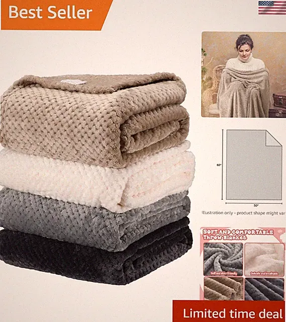 Set of 4 Soft Flannel Waffle Throw Blankets - 50x60 Inch in Neutral Colors