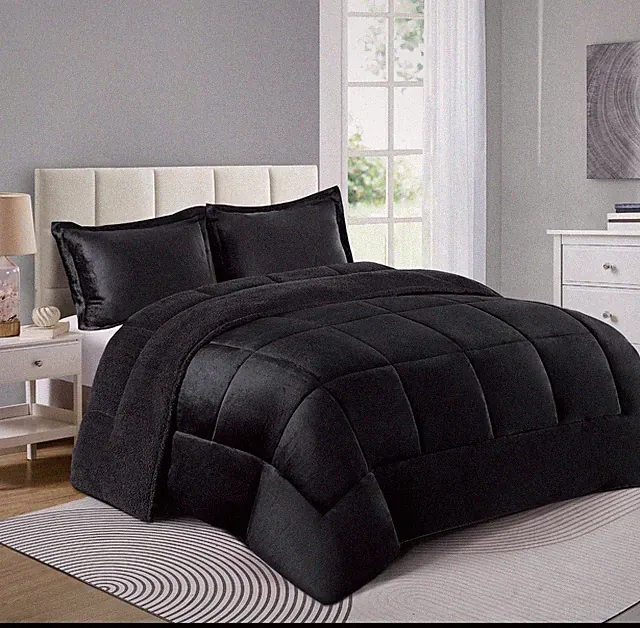 Ultra Soft Queen Size Solid Black 3pcs Borrego Sherpa Blanket Set FREE SHIPPING