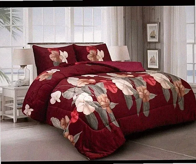 Ultra Soft Queen Size Thick 3pcs Borrego Sherpa Blanket Set Burgundy Flower