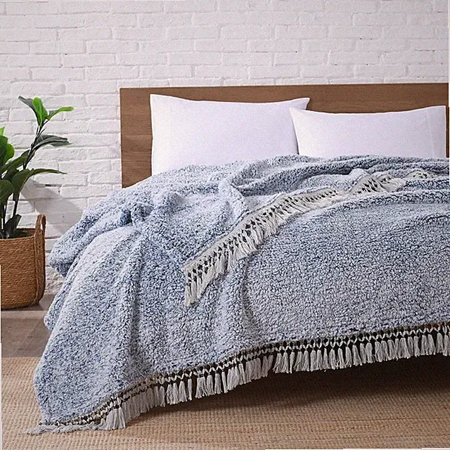Ultra-Soft Velour Chenille Blanket, Two-Tone Gradient Blue, 104 inches×90 inches
