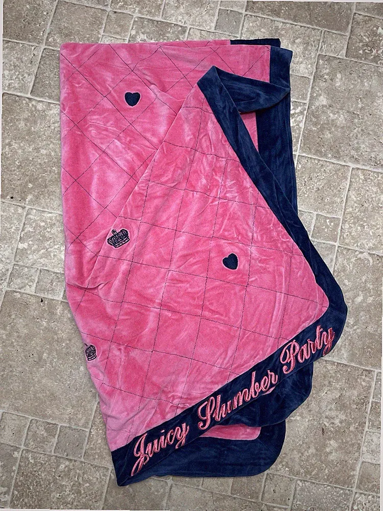VTG Juicy Couture Slumber Party Velour Pink Navy Embroidered Blanket 55x31” Y2K
